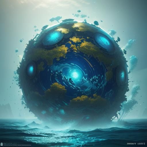 Earth Floating in Ocean: Vibrant Oil Painting