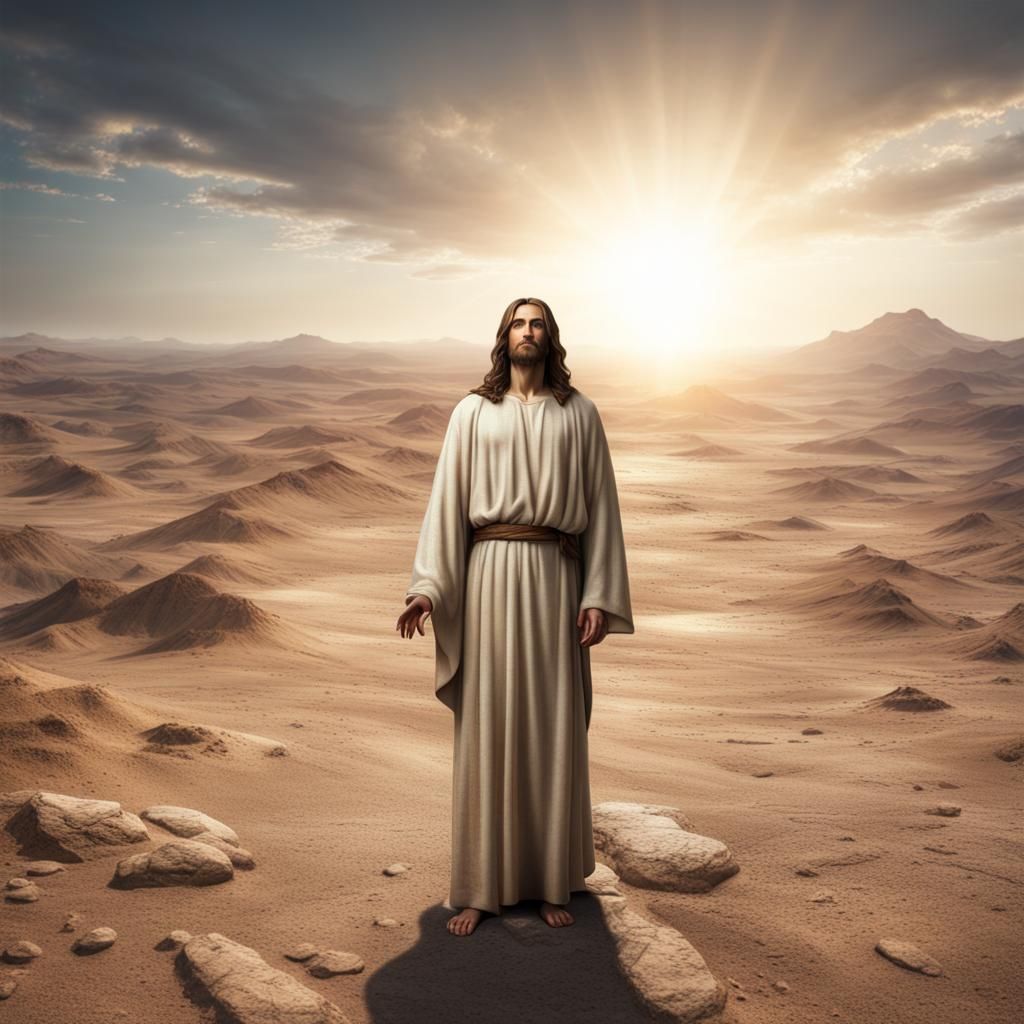 Jesus Christ in Stone Desert: Realistic Cinematic Photo
