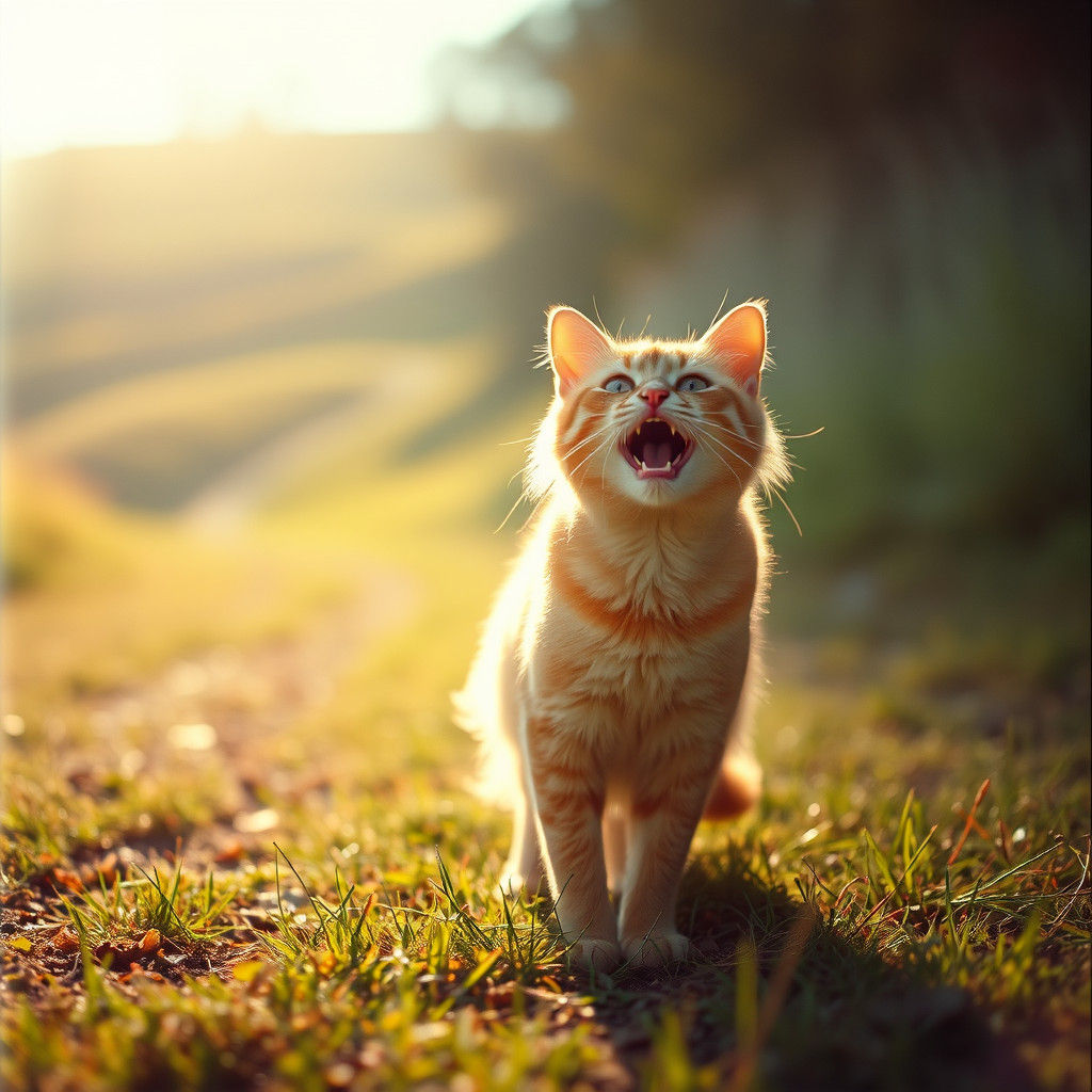 Pale Orange Cat Meowing on Grassy Path