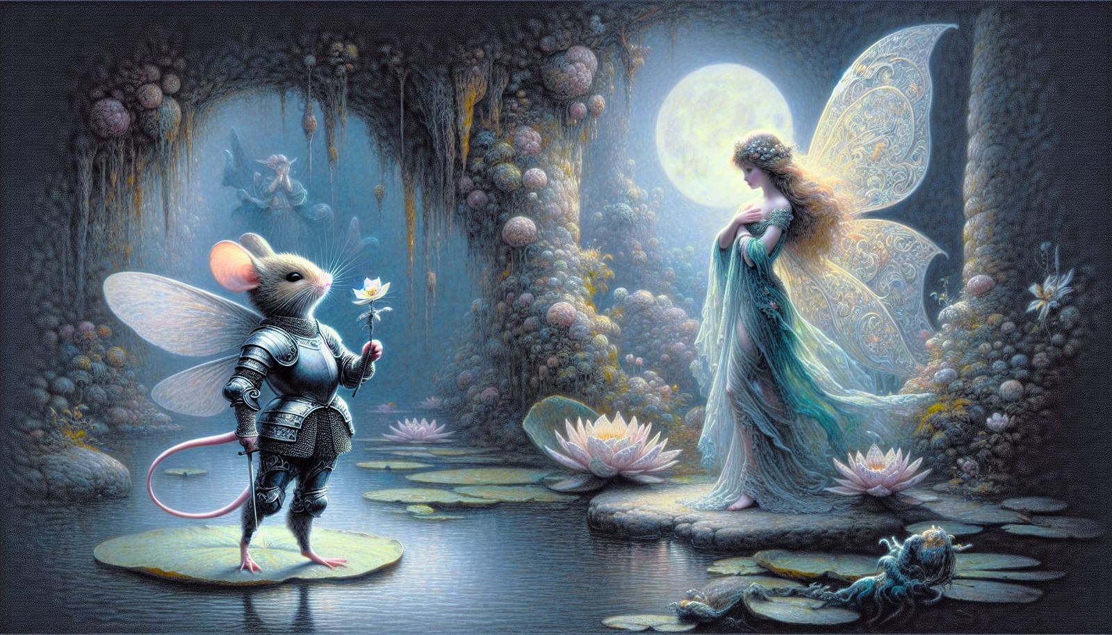 Mouse Knight Proposes to Fairy in Moonlit Grotto