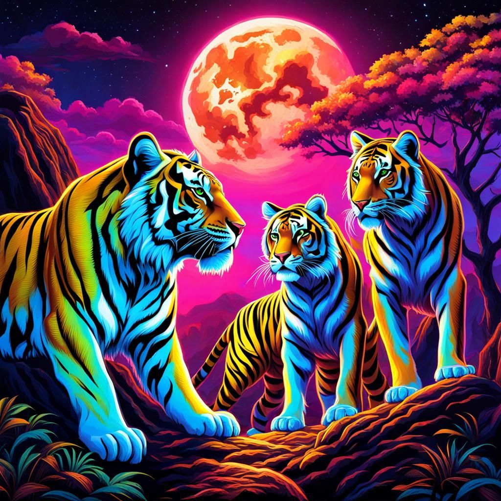 Neon Tigers Admire Titan in Cyberpunk Style