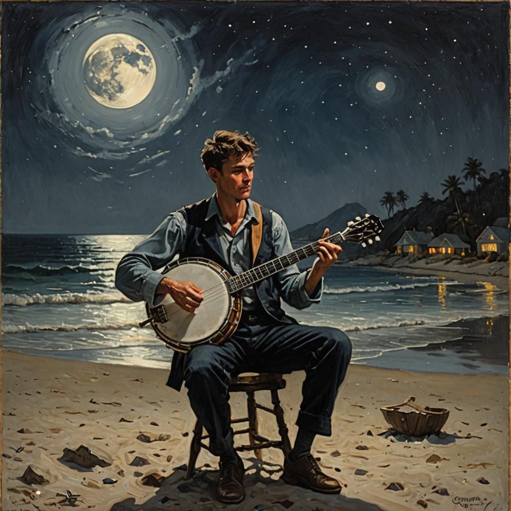 Banjo Player on Beach, Oil Painting Style