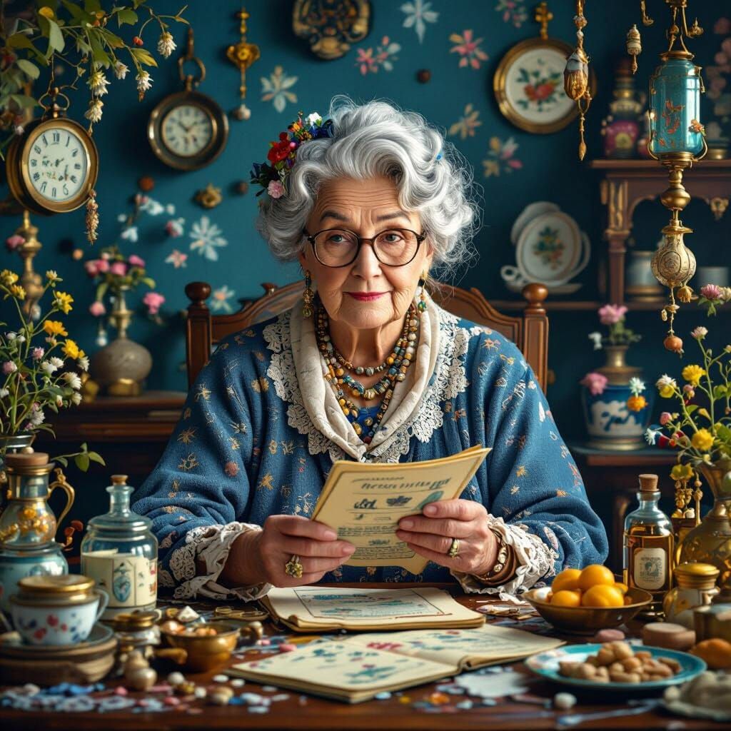 Grandmother's Mystical Treasures: A Whimsical Fantasy Painti...