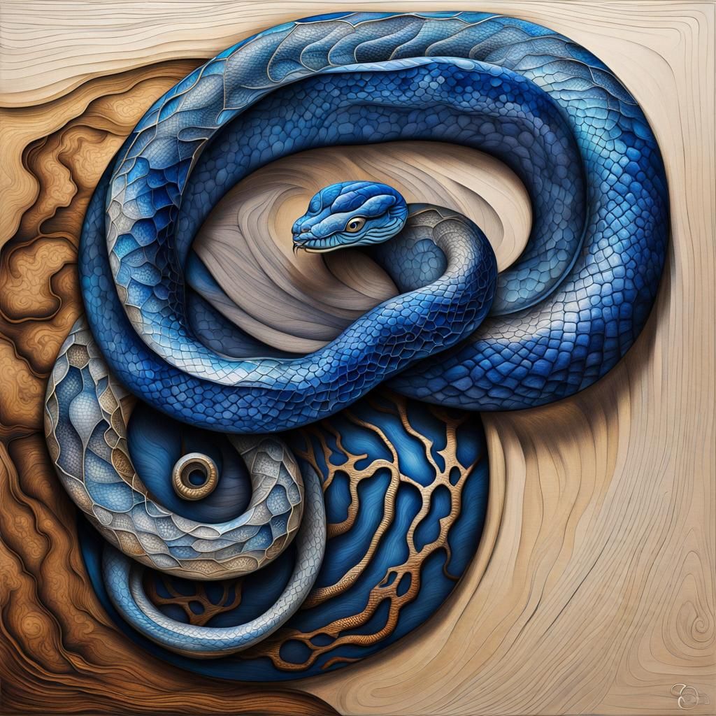 Serene Snake in Wood Grain Line Art
