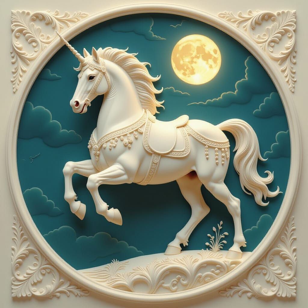 Intricately Carved Ivory Battle Horse in Moonlight