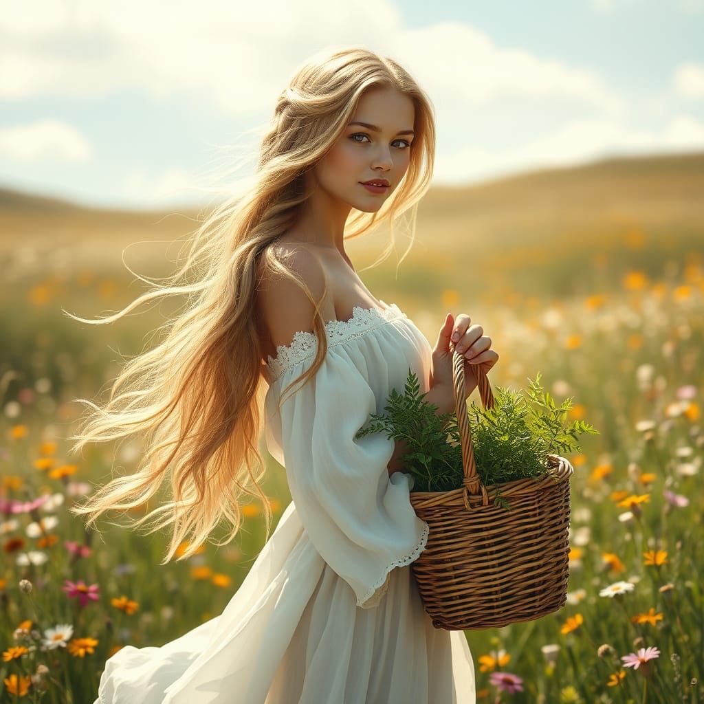 Woman with Braids in Sunny Meadow, Art Nouveau Style