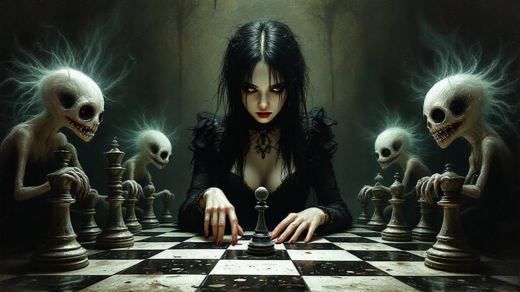 Confident Gothic Emo Woman at Chessboard in Hyper-Detailed I...