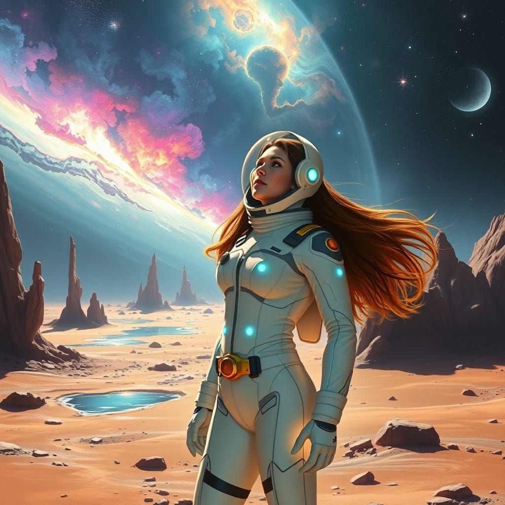 Astronaut Gazing at Nebula on Alien Planet