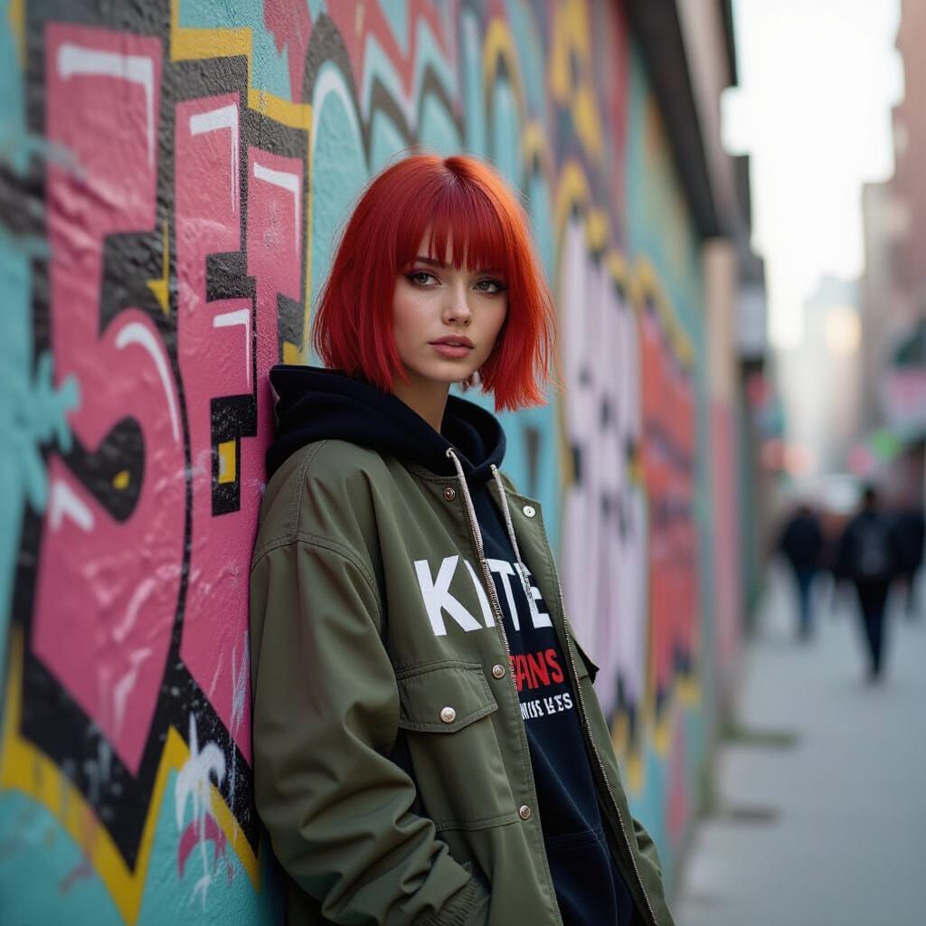 Dystopian Graffiti Scene Featuring Sawa with Red Bob Haircut