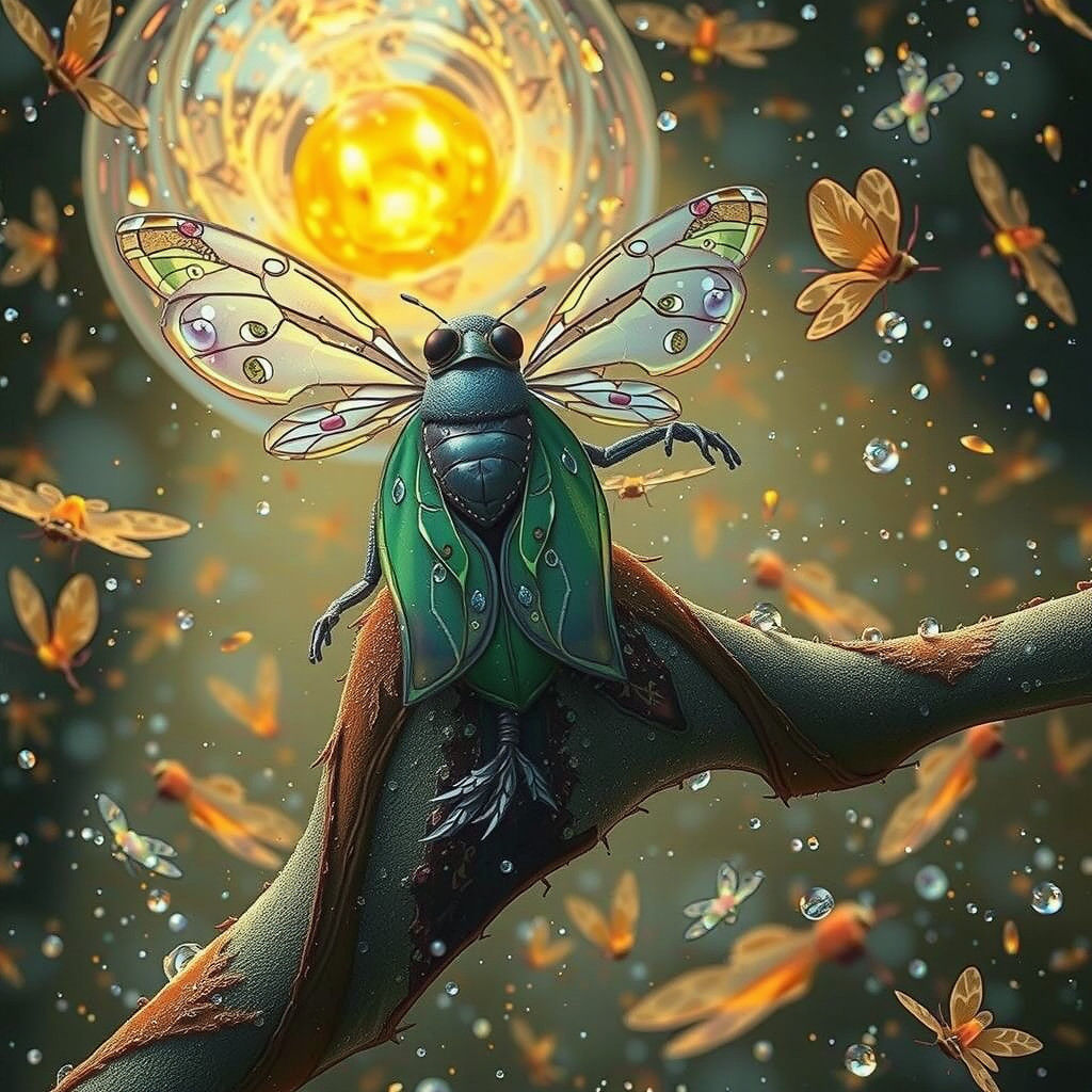Mystical Firefly in a Fantastical Snowglobe Scene