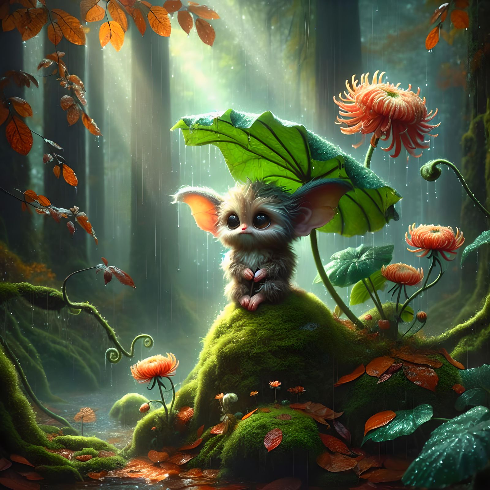 Mystical Forest Demon Under Leaf Umbrella