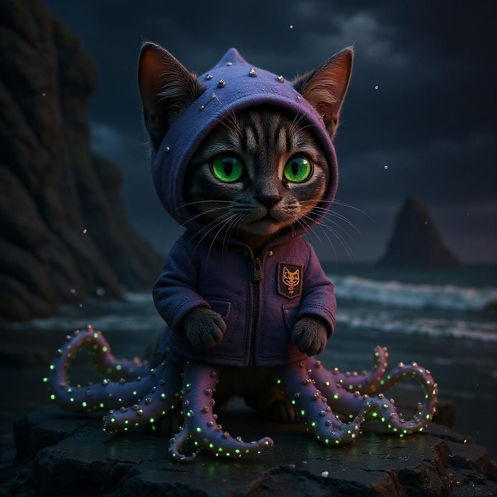 Tabby Kitten with Squid Legs on Rocky Coast