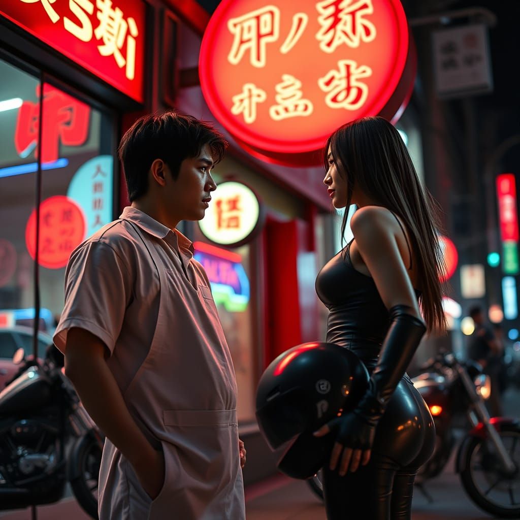 Young Japanese Man Engages in Intense Conversation with Bike...