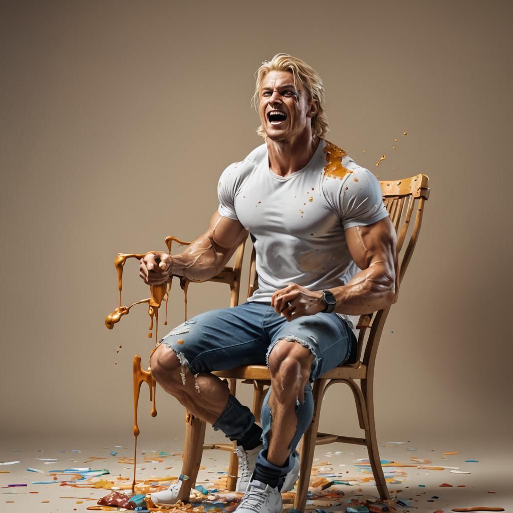 Hyperrealistic Muscled Man Eating a Chair