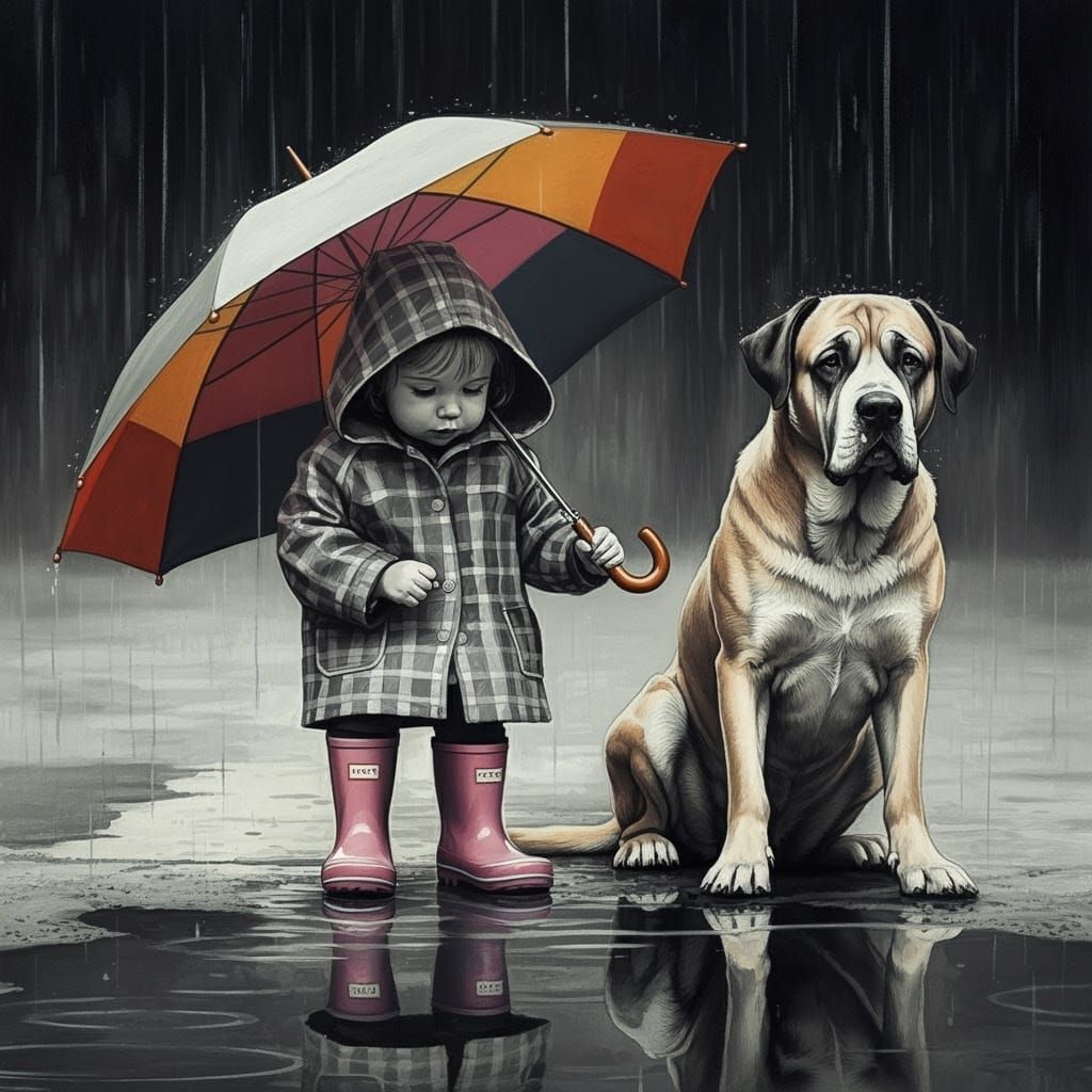Child and Dog Share Umbrella on Rainy Day in Moody Black and...