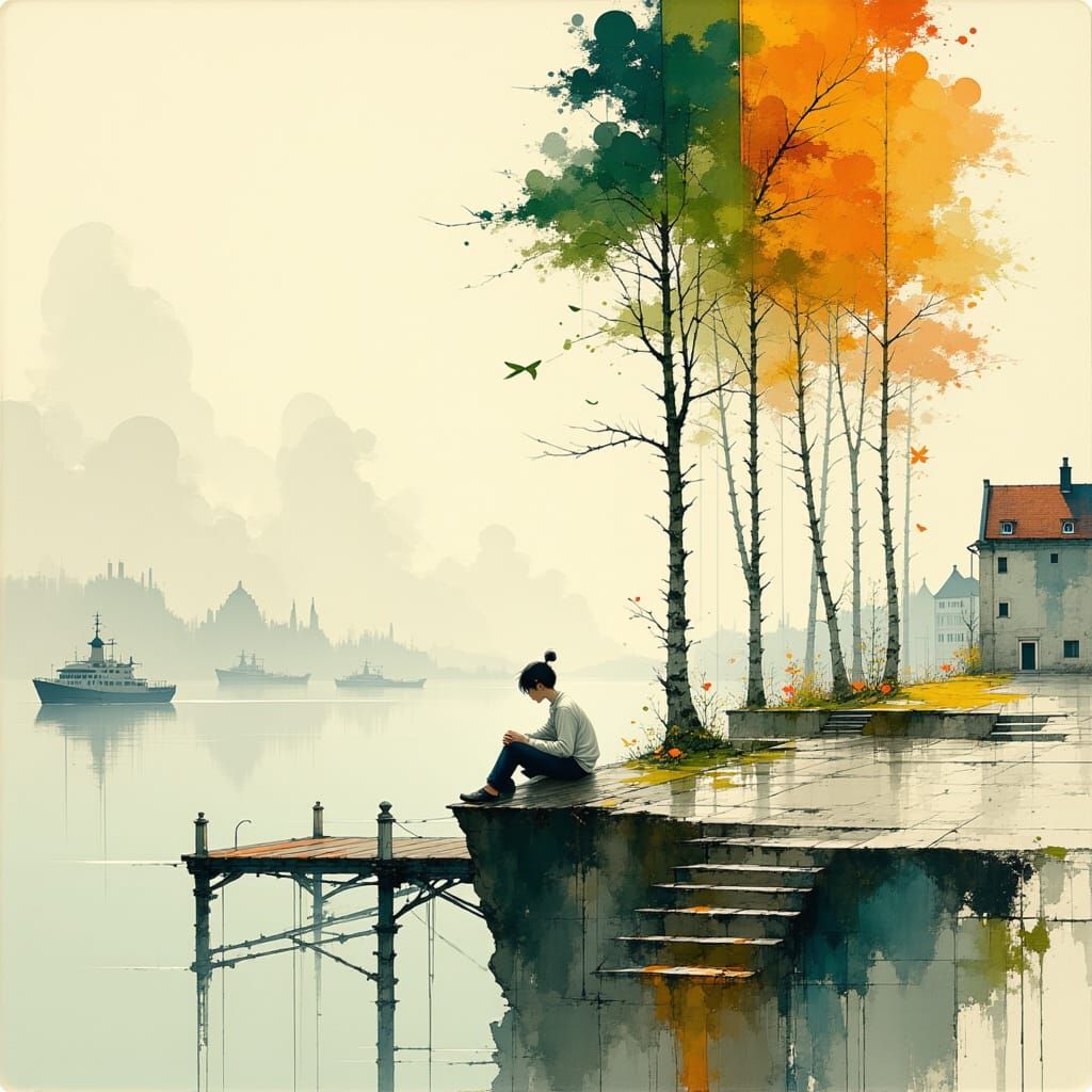 Merman Contemplating Autumn Day by Danish Harbor