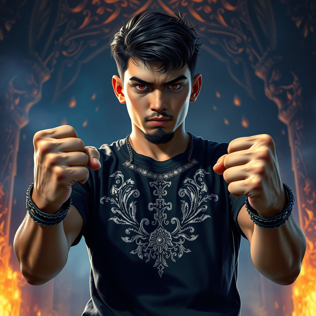 Teenager with Fists in Mystical Realm