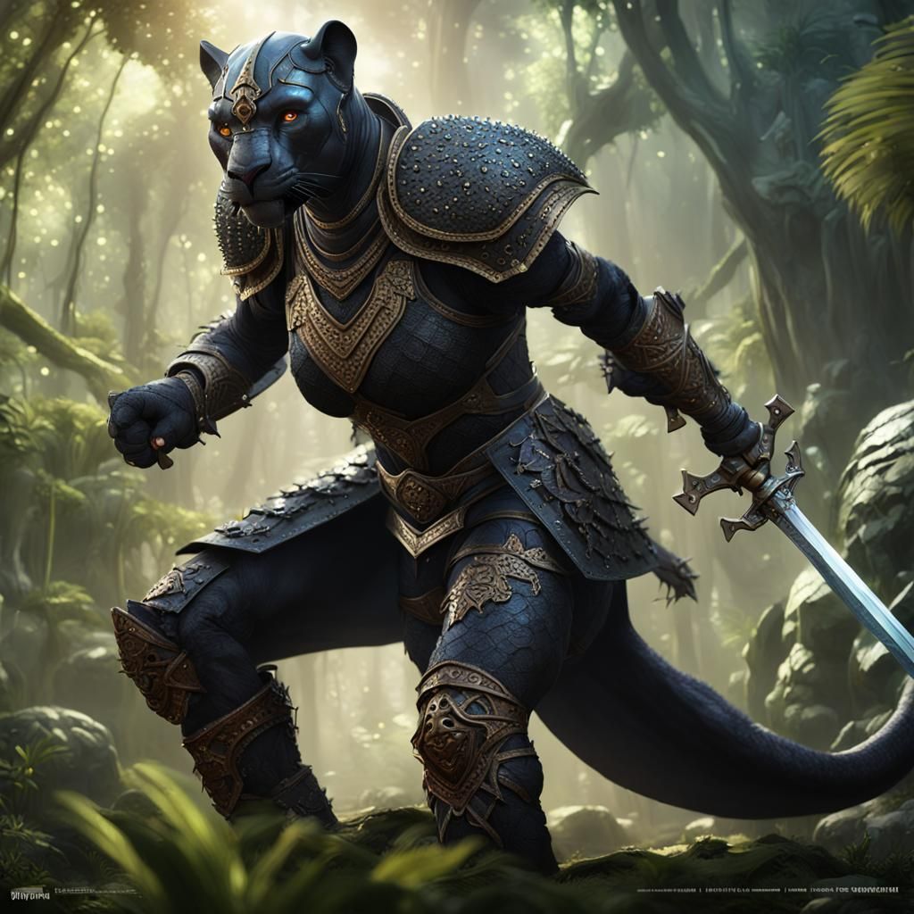 Panther Warrior on Armored Elephant, Dark Fantasy Art