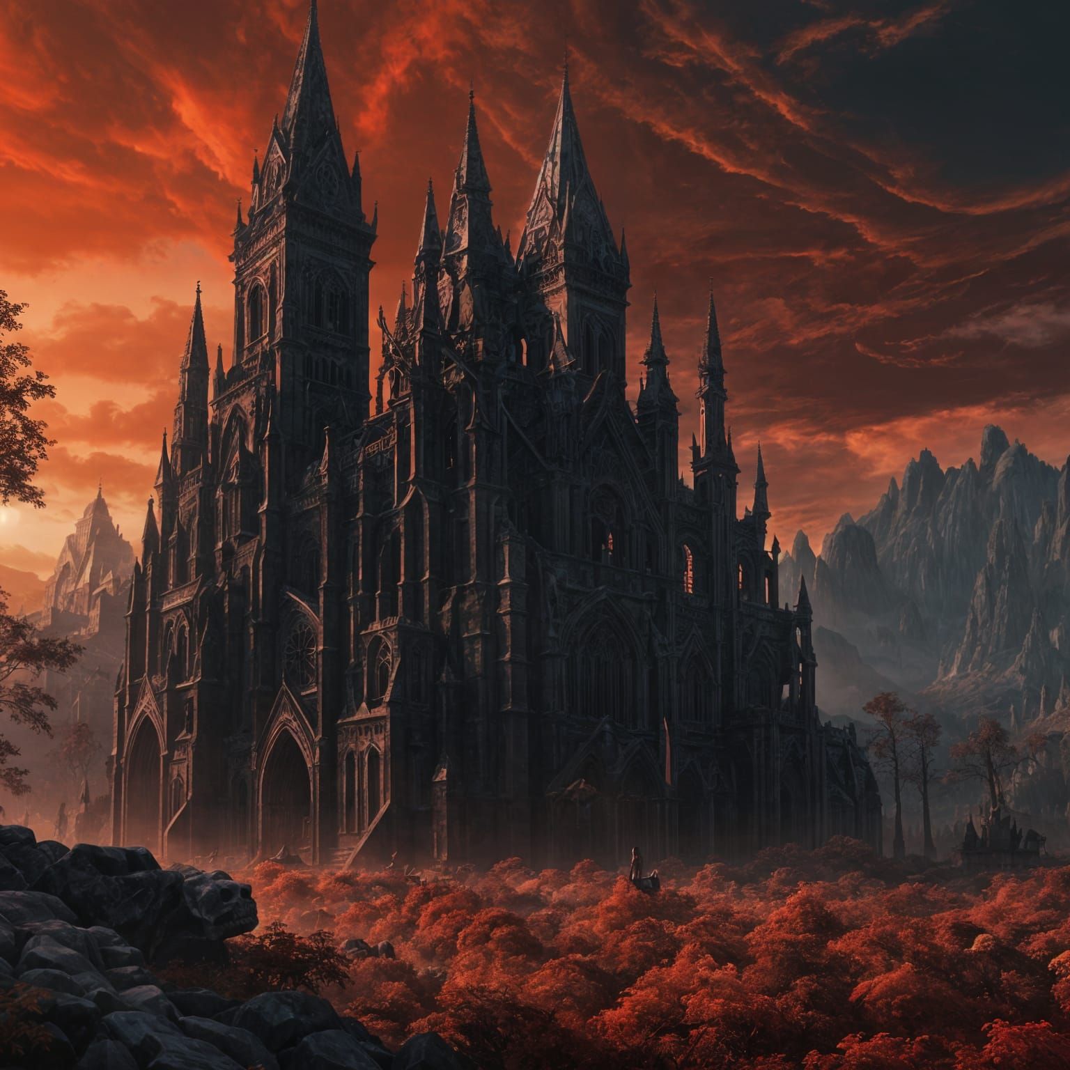 Gothic Necropolis Cathedral Fused With Skeletal Reaper