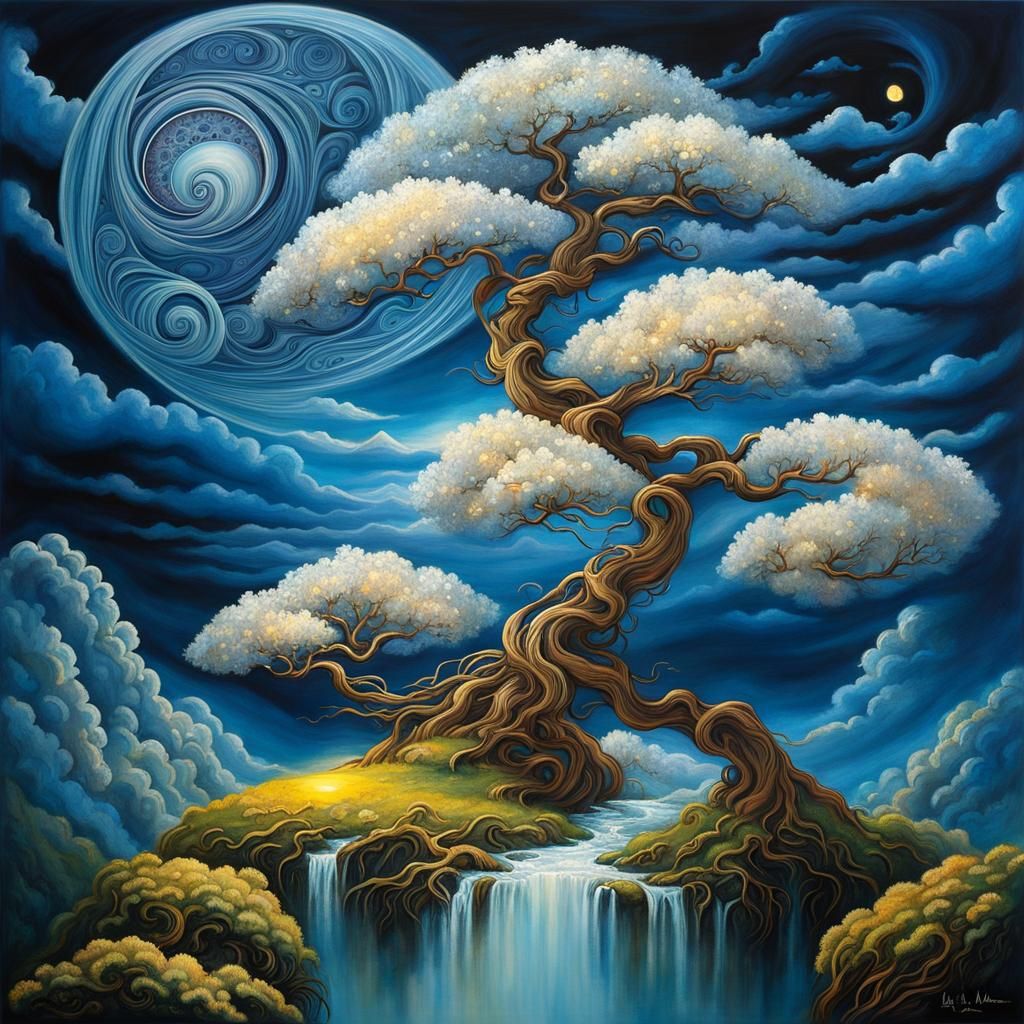 Dreamlike Bonsai Landscape with Swirling Clouds