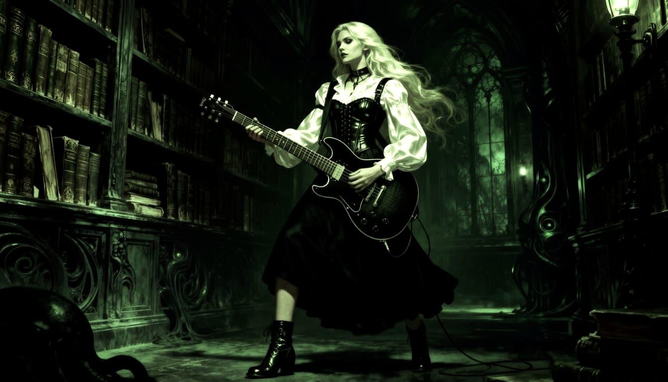 Goth Woman Plays Guitar in Library