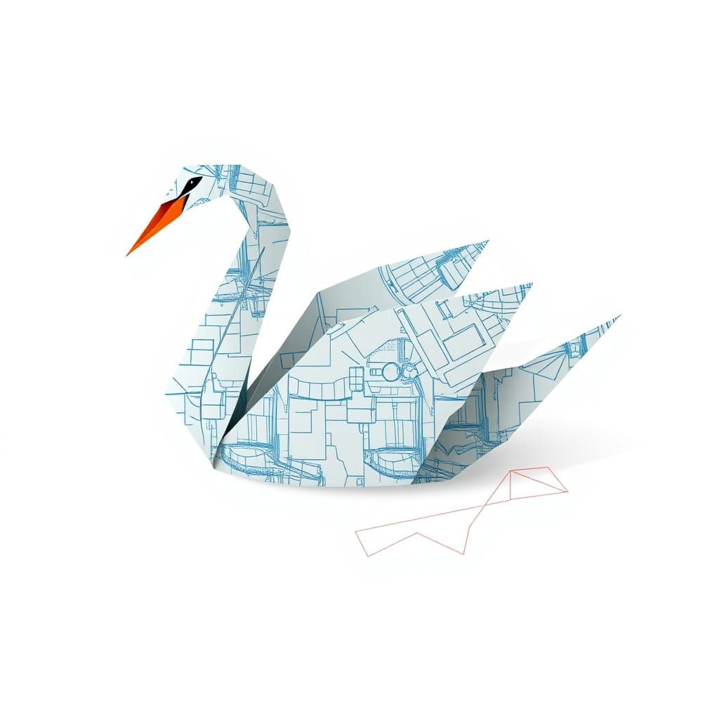 Origami Swan Made of Architectural Blueprints in Vector Styl...