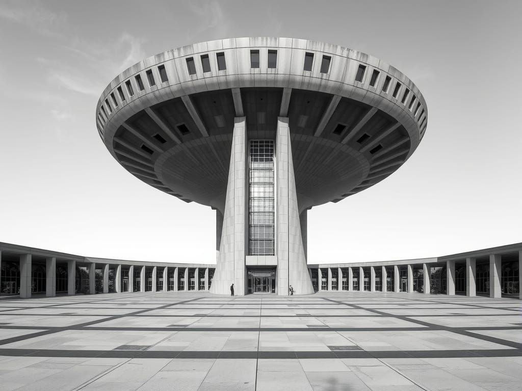 Surreal Brutalist Concrete Structure in Black and White