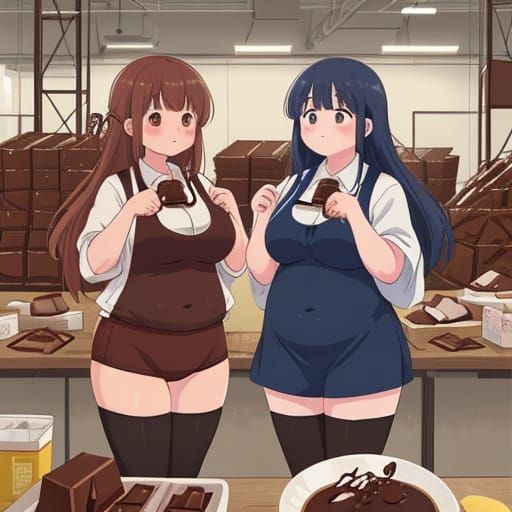 Anime Girls Covered in Chocolate in Factory