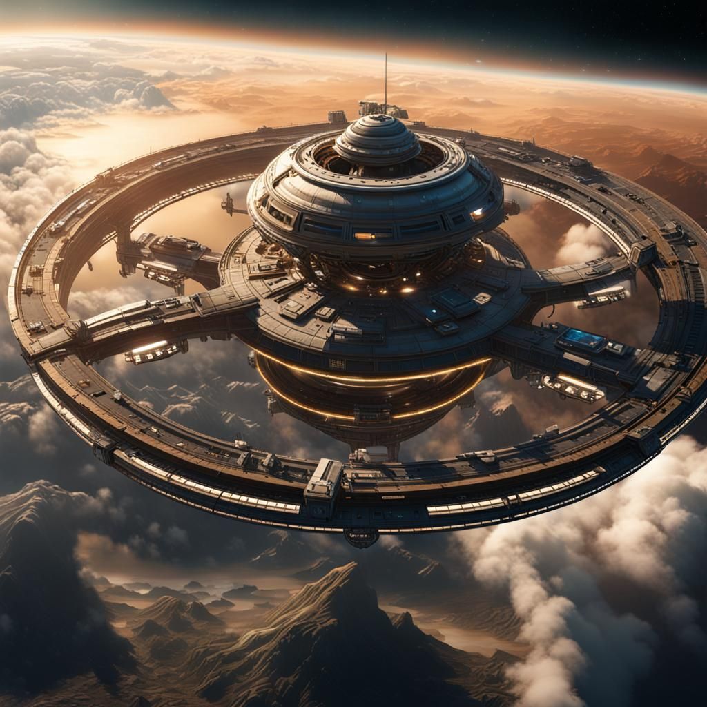 Colossal Space Station Orbiting Gas Giant: Detailed Matte Pa...