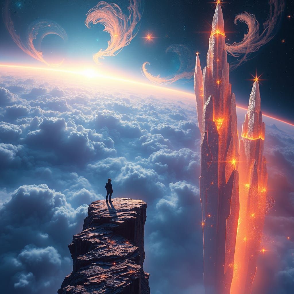 Ethereal Figure Stands at the Edge of a Glowing Precipice in...