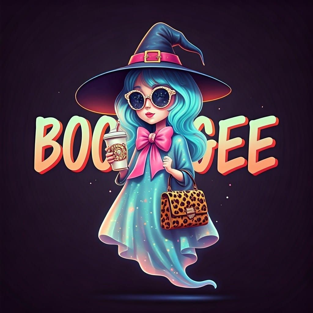 Chic Ghost Girl with Witch Hat and Leopard Bag