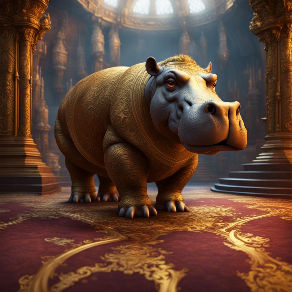 Fluffy Hippopotamus in Golden Wood, Detailed Art