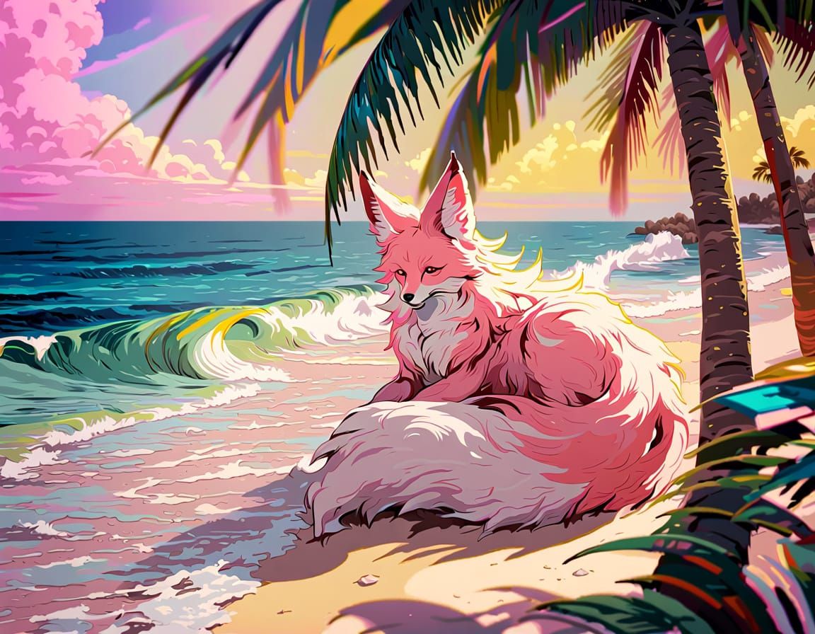 Kitsune Relaxing on Pink Sand Beach as Oil Painting