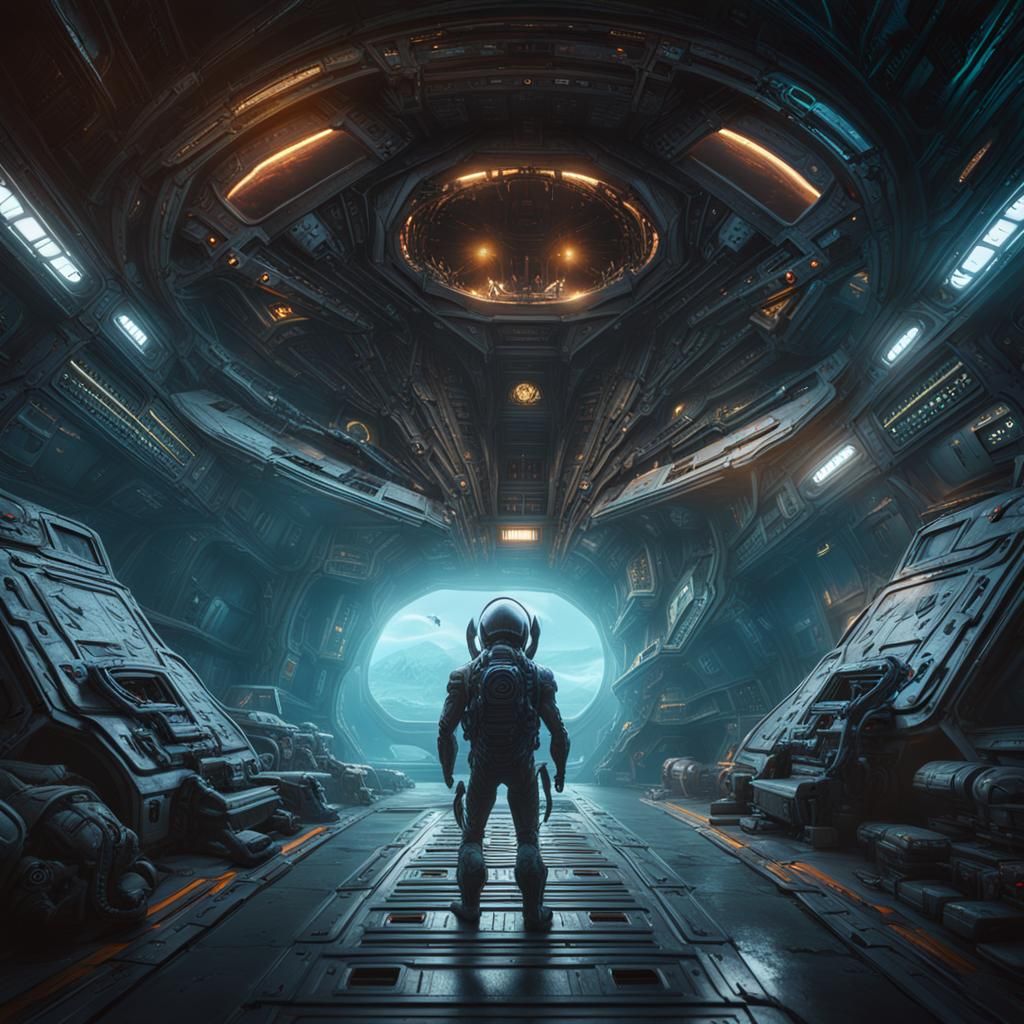 Alien Hunter in Spaceship: Detailed Matte Painting