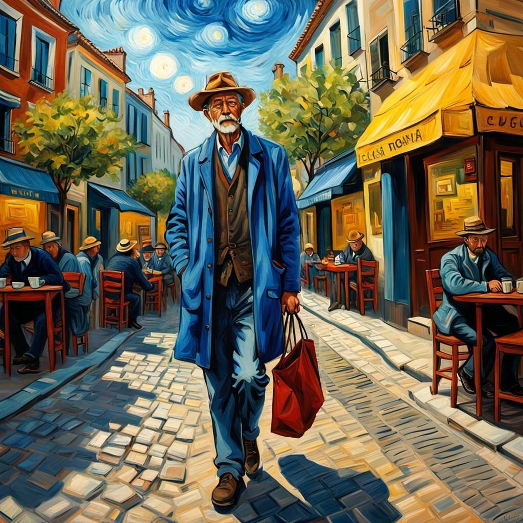 A Lonely Figure in a Vibrant Street Scene, Inspired by Van G...