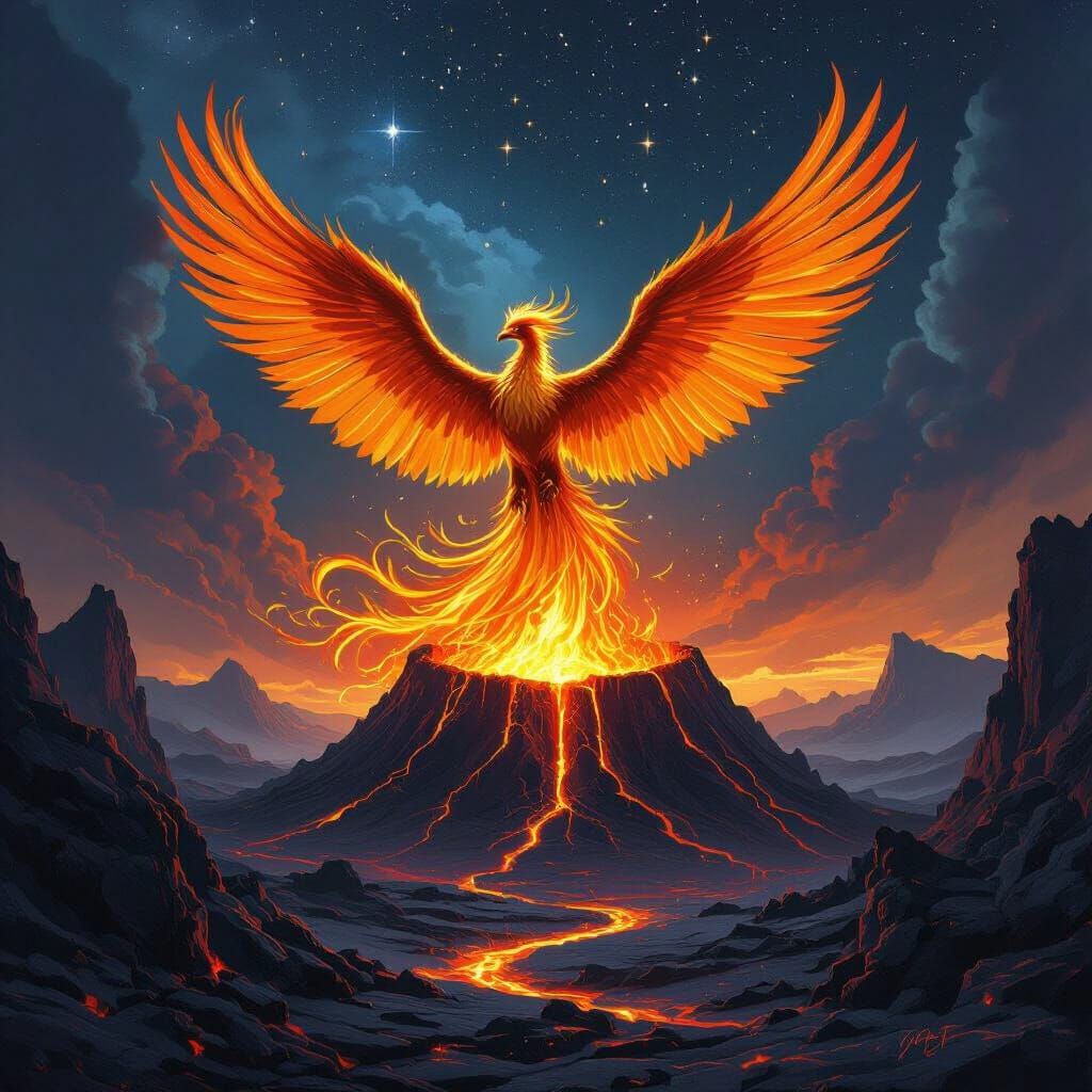 Majestic Phoenix Rises from Volcanic Caldera in Fantasy Art ...
