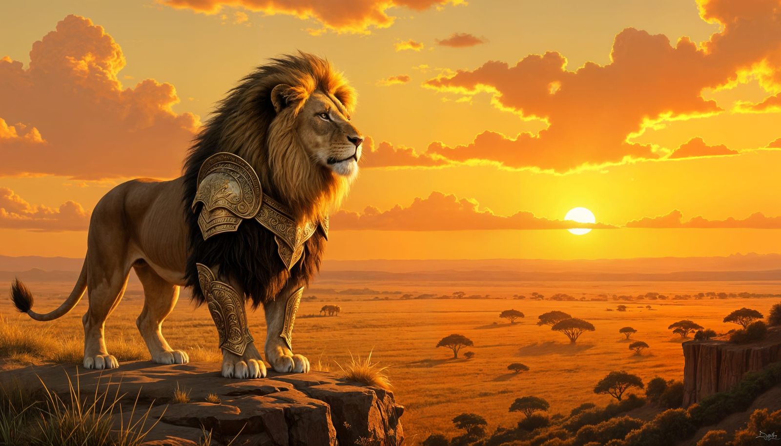 A regal lion adorned with intricate golden armor and a flowi...