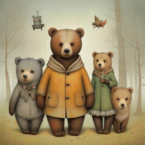 Whimsical Bear Cub and Friends in Enchanting Illustration