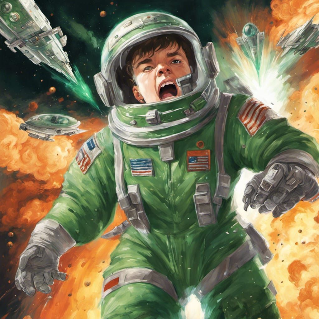 neutral boy ensign watches through Space Ship Windows how a green battlecruiser explode on fire i'm middle of a space ba...