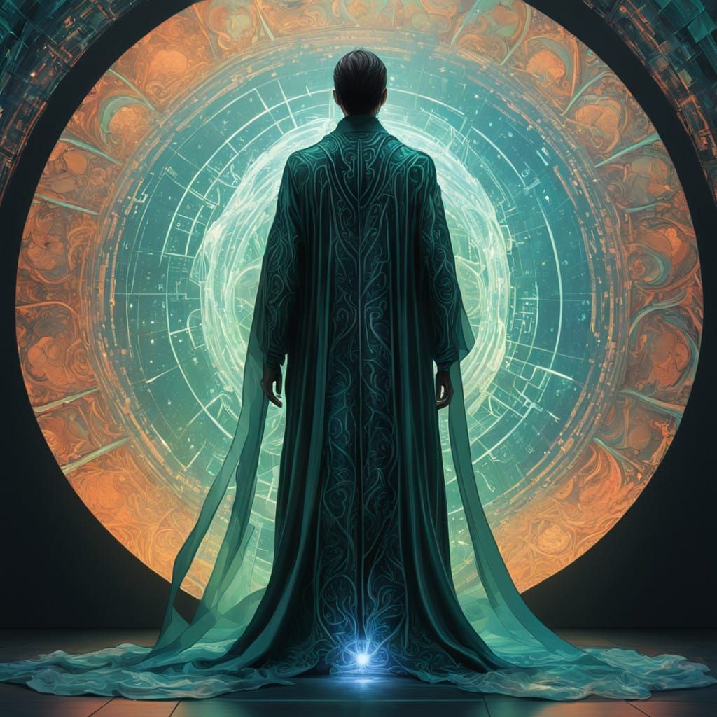 Surreal Dream Figure Emerges in Cyberpunk Landscape