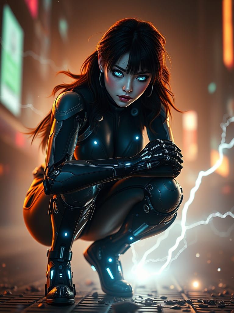 Ethereal Android Warrior in Dystopian Metropolis