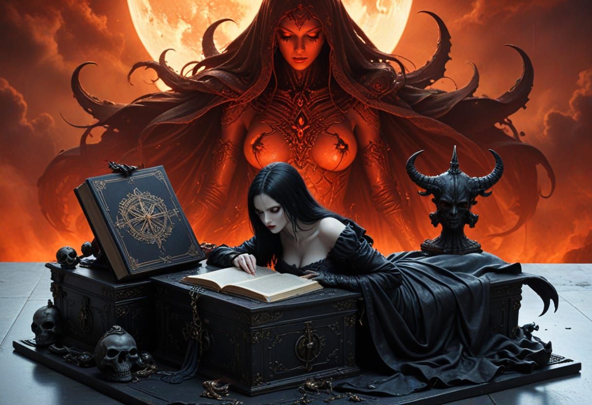 Cosmic Sorceress Studies Ancient Tomes in Mystical Study