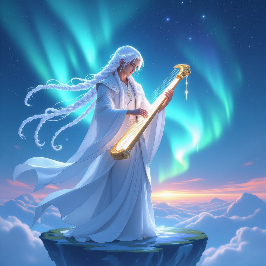 Celestial Bard Playing Luminous Harp Amidst Aurora
