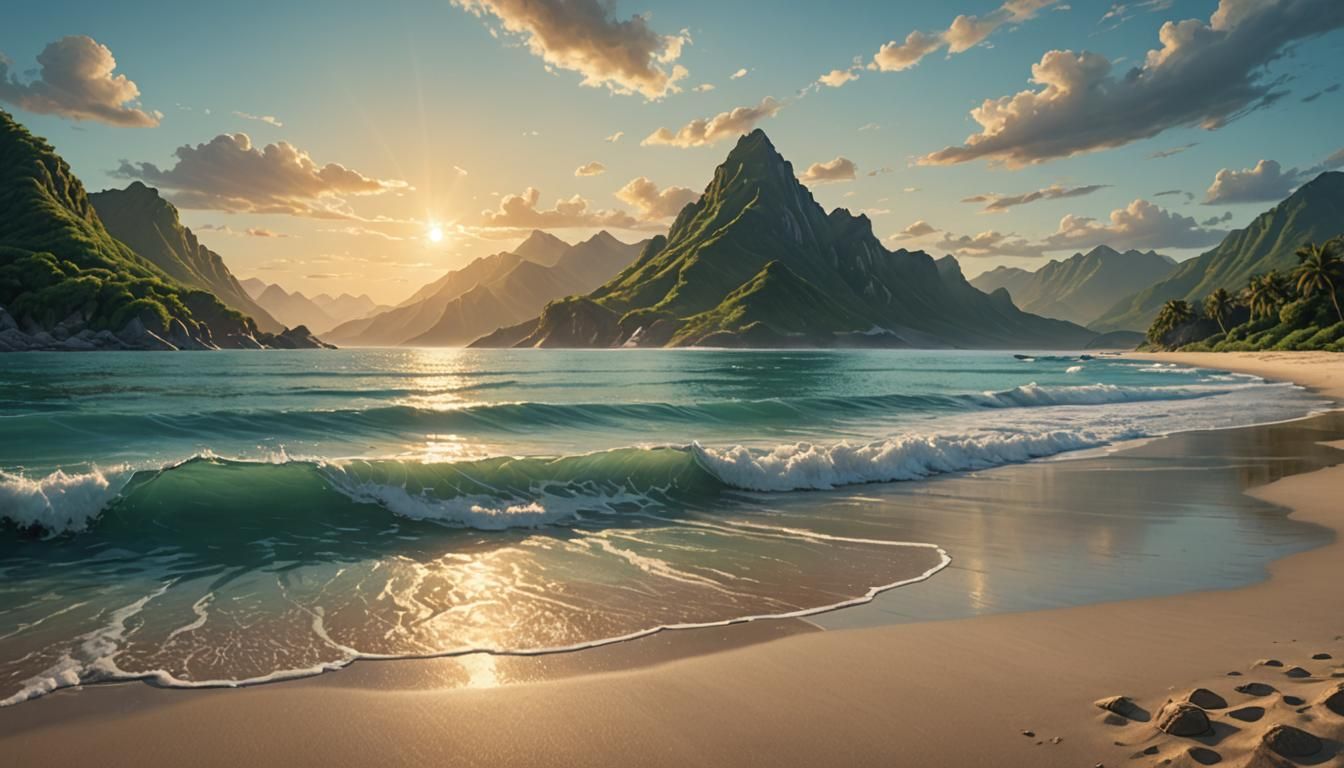 Majestic Mountains Meet Serene Ocean: Landscape Art