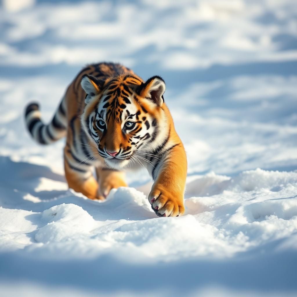 Tiger Cub Prowling in Snow
