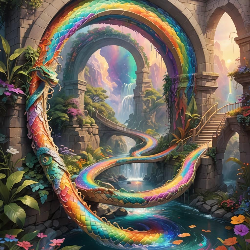 Serpent Coiled on Mystical Rainbow Bridge as Oil Painting