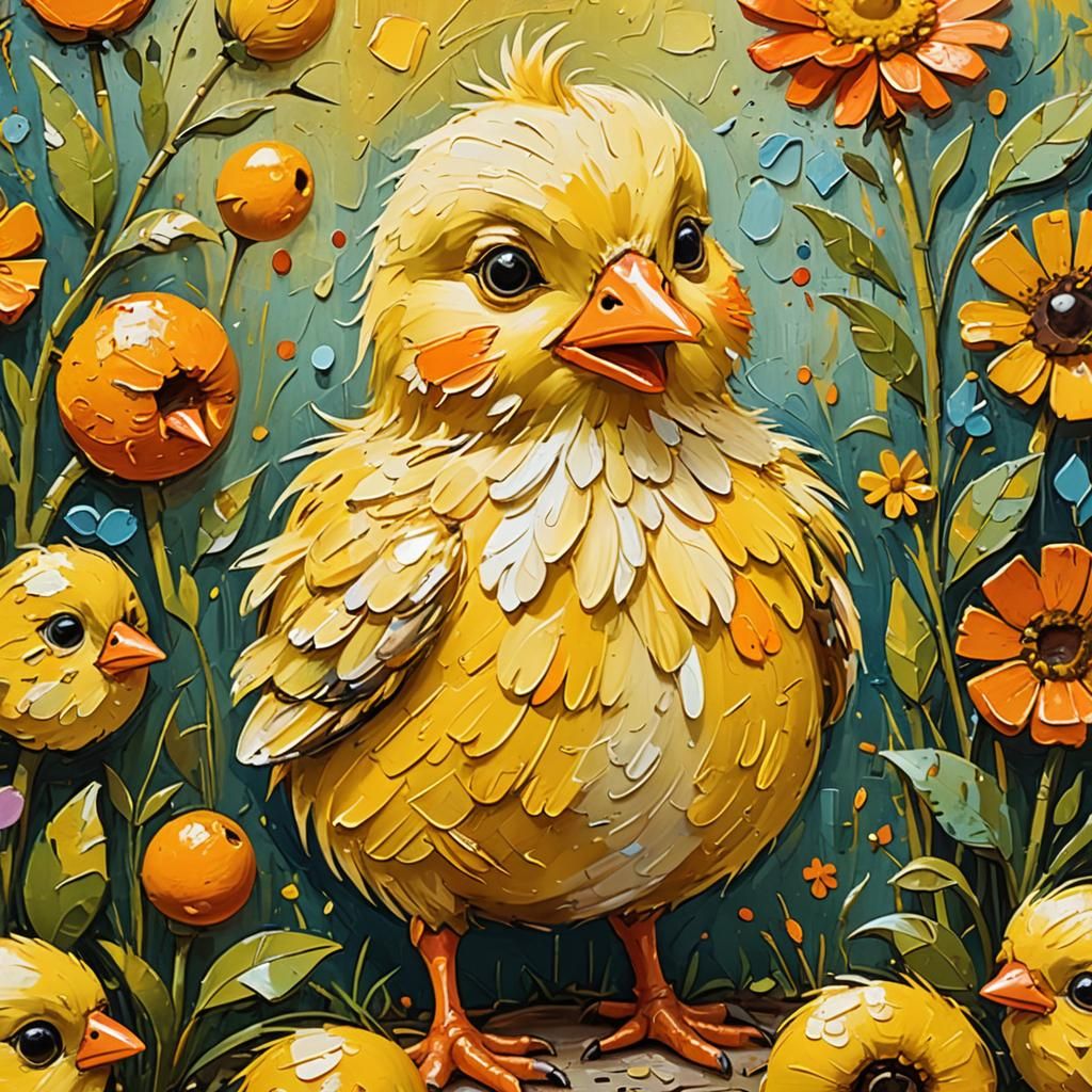 Whimsical Yellow Chick in Naive Folk Art Style