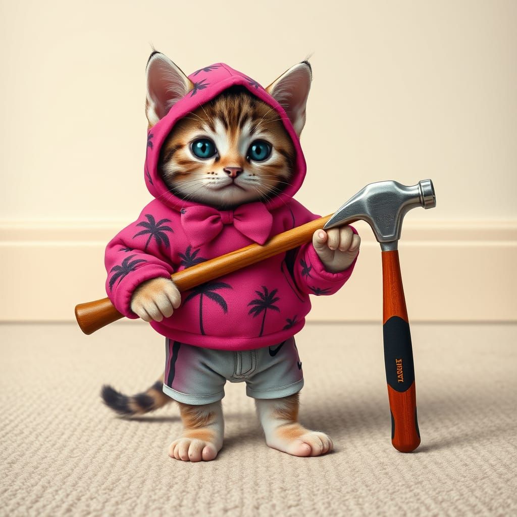 Cute Kitten in Tropical Hoodie and Nike Shorts Holding a Sta...