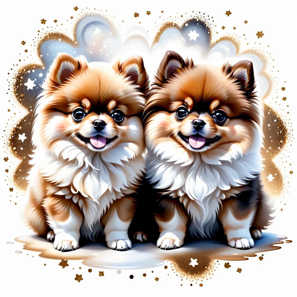 Glittering Pomeranian Puppies in Fantasy Style