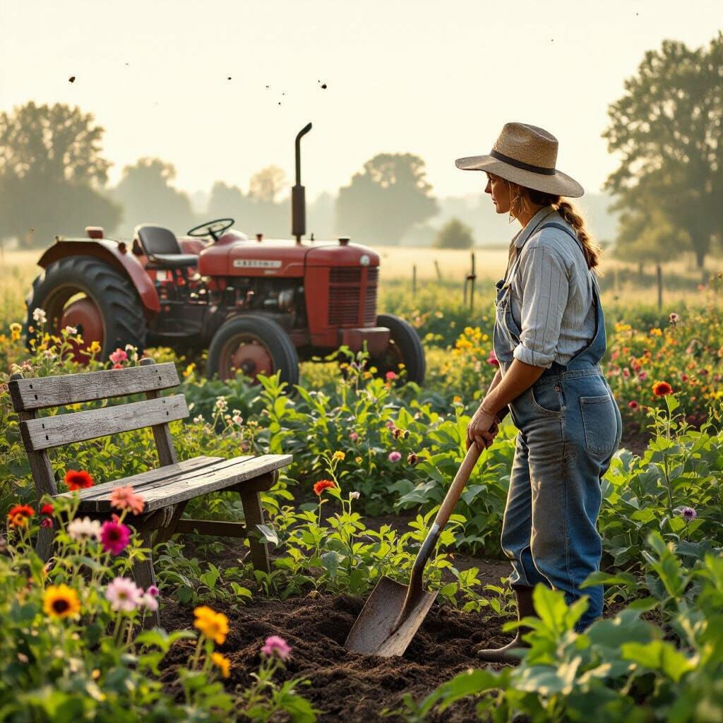 Female Farmer in Dewy Vegetable Garden, Wyeth Style